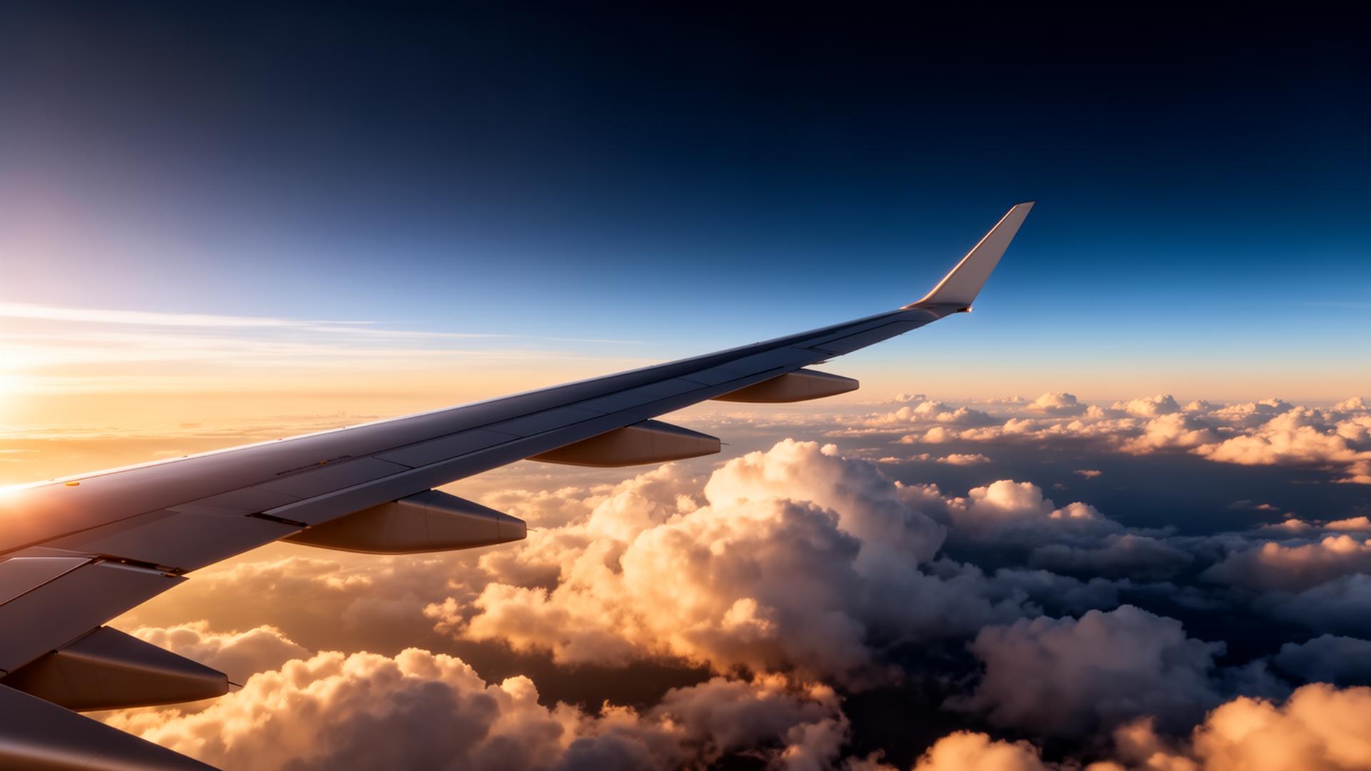 View of an airplane wing flying above golden clouds at sunset